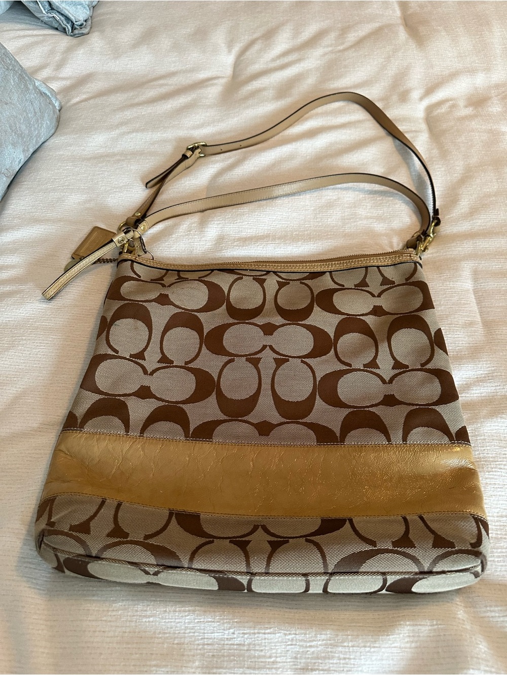 Coach Brown Signature Canvas Shoulder Bag with Gold Trim